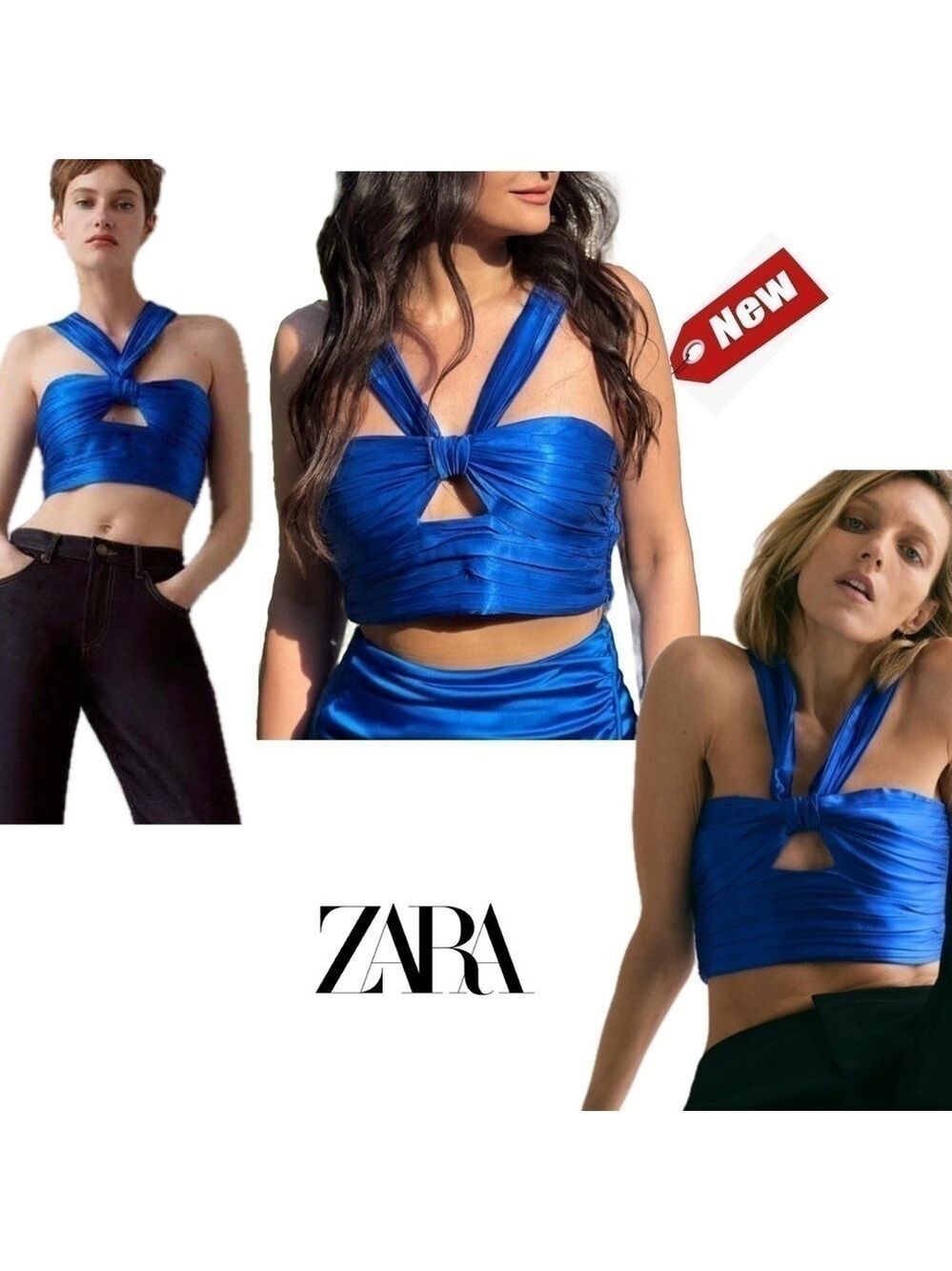 Zara Royal cobalt blue satin effect ruched cut-out front knot halter crop top
